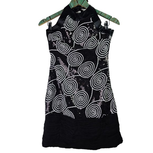 Vintage Cache Black White Sequin Satin Mini Halter Party Dress, Sz 6 - Picture 2 of 12